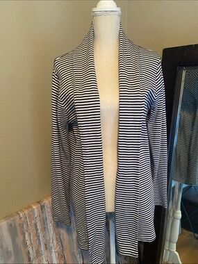 Navy Blue & White Stripe Open Front Cardigan Sweater Sweatshirt 100% Cotton MED